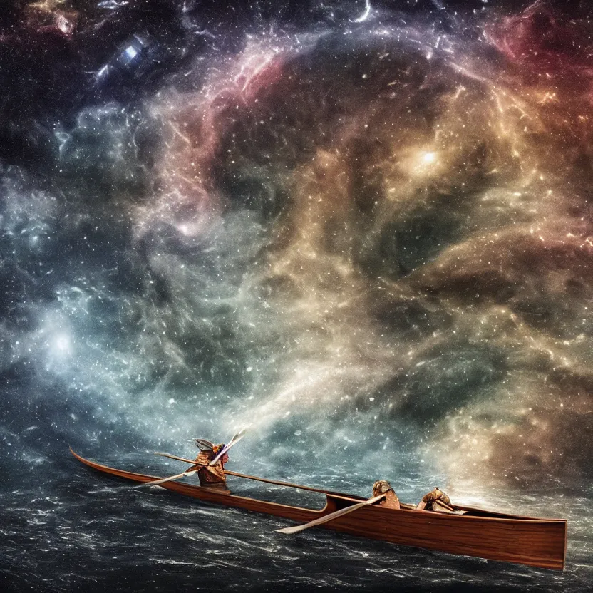 Image similar to a medieval viking longboat rowing through an ocean that is a nebula, several supernovae in the background, distant black hole ejecting a near light speed stream of matter across the scene