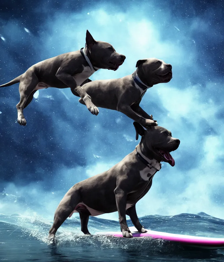 Image similar to photo of a dark gray coat pit bull with a white paws and a white nose!, surfing on a surfboard in a crashing wave of alien galaxy, trending on art station, ocean in space, background is an alien galaxy, aliens in the background, alien colors, octane render, unreal engine, wide view, 8 k, highly detailed