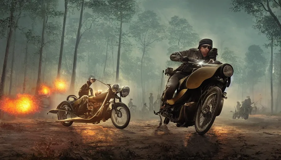 Image similar to a british officer driving a motorcycle at high speed in 1921 in kerala forest road, local people chasing to attack, furious action scene, chase, an epic fantasy, dramatic lighting, cinematic, establishing shot, extremely high detail, photorealistic, cinematic lighting, artstation, by simon stalenhag, shadow of the tomb rider