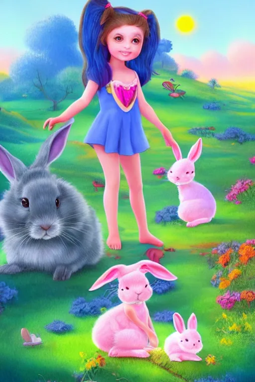 Image similar to matte sharp painting cute little girl and rabbit landscape painted by mark rydel artstation behance storybook lisa frank