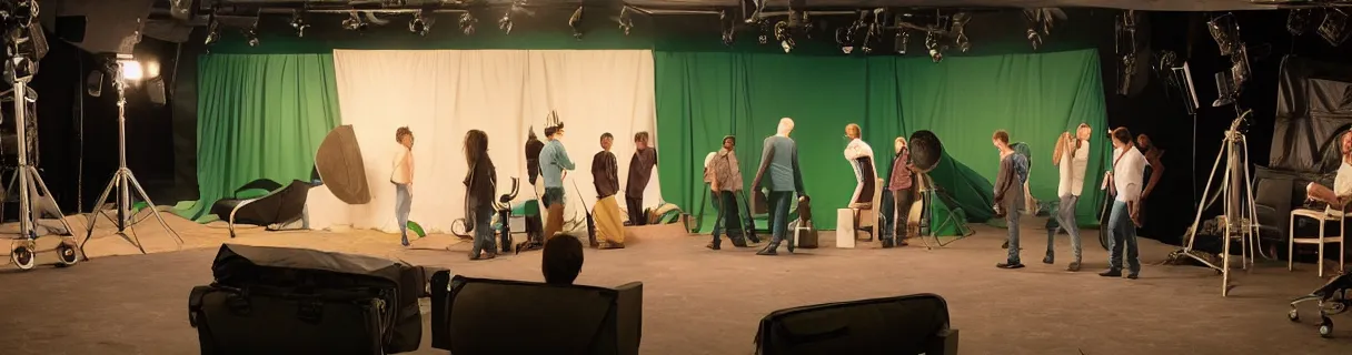 Image similar to photo of a movie set with a single big green screen actors acting, studio, movie set, realistic, studio lighting