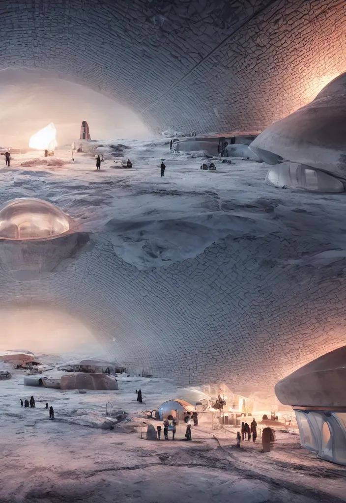 Prompt: big underground city in antartica with a transparent roof that shows a beautiful sunset, multiple people in the tunnels around campfires and futuristic igloos, facinating, fantasy digital art, octane render, beautiful composition, trending on artstation, award-winning photograph, masterpiece