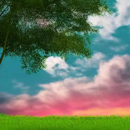 Prompt: digital art of a lush green field and a big pink sky with big fluffy clouds