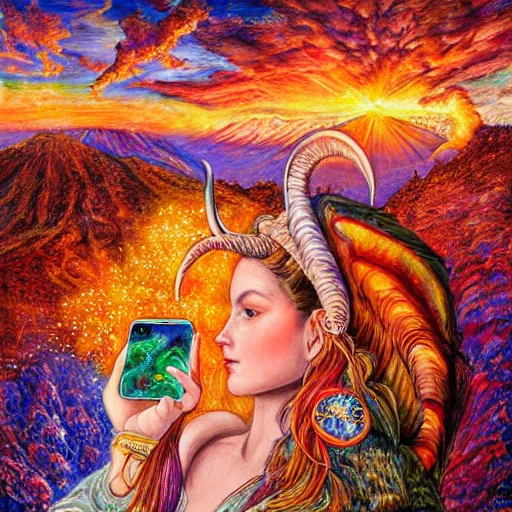 Prompt: painting by josephine wall, horned ram goddess, checking her cell phone, erupting volcano in distance, sunset, flowers in foreground, zodiac, fantasy acrylic on canvas, intricately detailed, highly detailed, high resolution, hdr, 8 k, by senior concept artist, trending on artstation