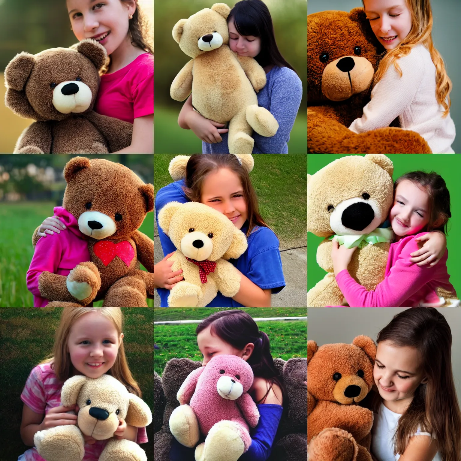 Prompt: a girl hugging a hude teddy bear