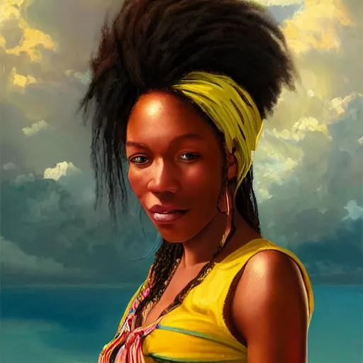 Image similar to portrait of a jamaican woman ( 3 5 ) from jamaica in 2 0 2 1, an oil painting by ross tran and thomas kincade