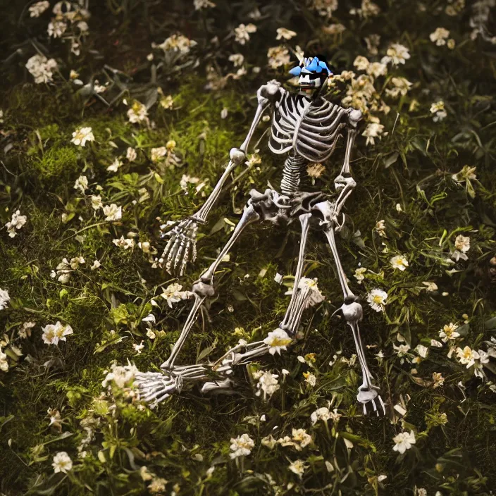 Image similar to overgrown foliage over a full - robot skeleton on the ground, close - up, 3 5 mm, f 1. 8, bokeh, beautiful, lens flare, emotional, sweet, flowers, detailed, picture, trending on artstation, award - winning, shiny, golden