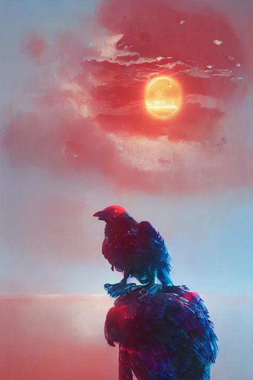 Image similar to 3 d, sci - fi, morning, raven bird, sun, cinematic, lightning clouds, vogue cover style, light red and deep blue mood, realistic painting, intricate oil painting, high detail, figurative art, multiple exposure, poster art, 3 d, stanley kubrick, by tooth wu and wlop and beeple and greg rutkowski