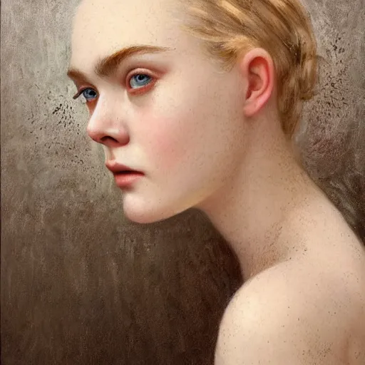 Image similar to professional painting of Elle Fanning in the style of Dino Valls and Craig Mullins, head and shoulders portrait, symmetrical facial features, smooth, sharp focus, illustration, intricate, stormy weather, extremely detailed masterpiece,