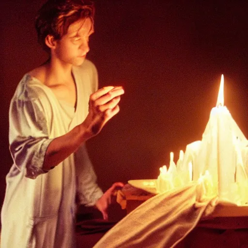 Image similar to a handsome young light sorcerer casting a healing spell, photorealistic 35mm