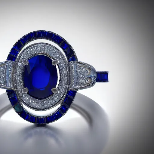 Prompt: A ring with a deep blue sapphire stone set on a hyper detailed engraved platinum band, V-ray, 8k, Octane Render, Unreal engine