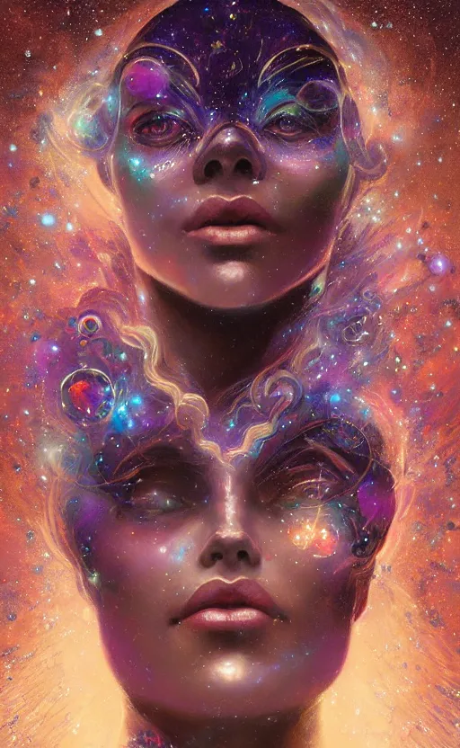 Image similar to portrait of a cosmic goddess, suit made out of stars and galaxies and cosmic energy, intricate, headshot, highly detailed, digital painting, artstation, concept art, sharp focus, cinematic lighting, illustration, art by artgerm and greg rutkowski, alphonse mucha, cgsociety