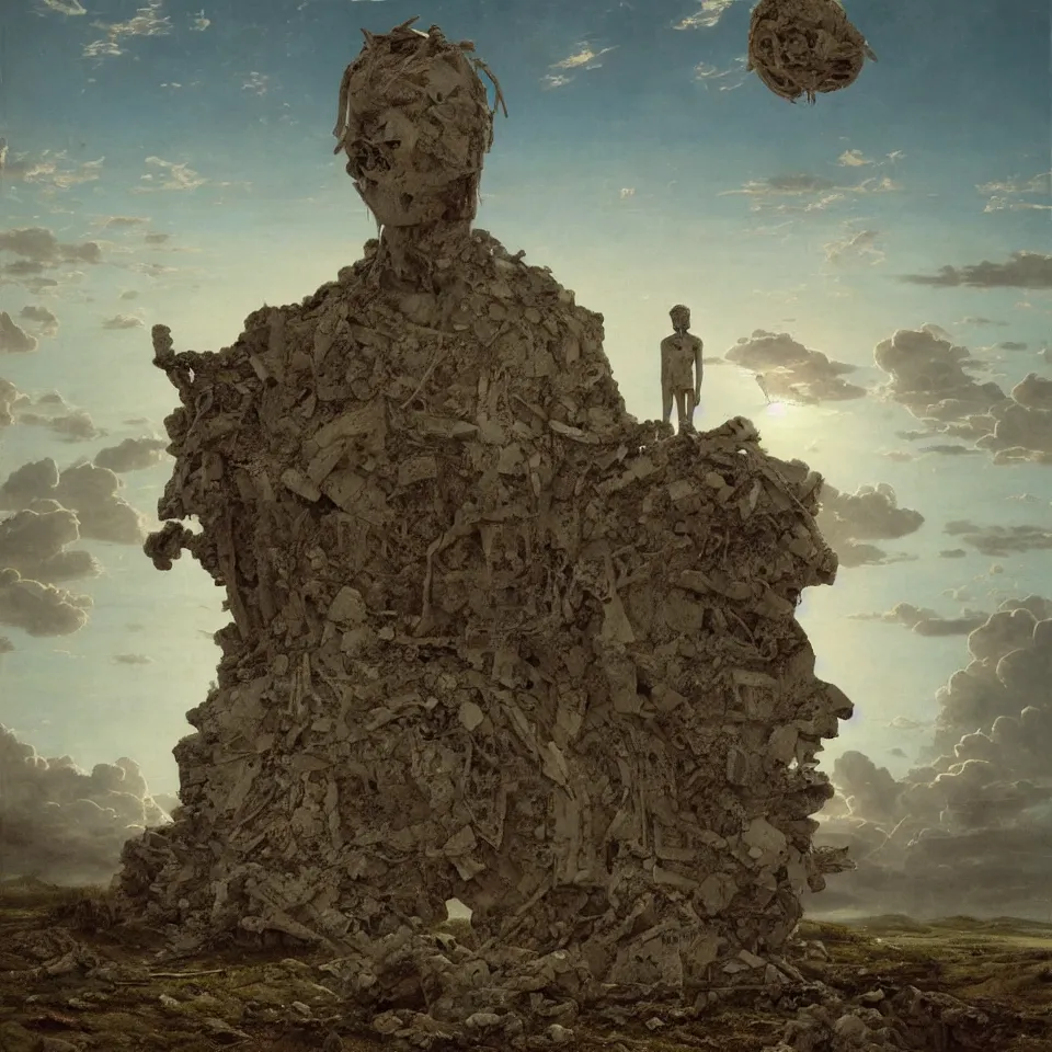 Prompt: hyperrealistic surrealism, David Friedrich, award winning masterpiece with incredible details, Zhang Kechun, a surreal vaporwave vaporwave vaporwave vaporwave vaporwave painting by Thomas Cole of a gigantic broken mannequin head sculpture in ruins, astronaut lost in liminal space, highly detailed, sunrays, trending on ArtStation