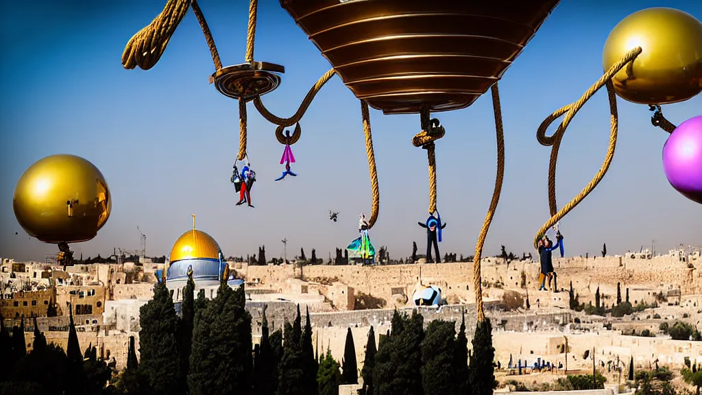 Image similar to large colorful futuristic space age metallic steampunk balloons with pipework and electrical wiring around the outside, and people on rope swings underneath, flying high over the beautiful jerusalem city landscape, professional photography, 8 0 mm telephoto lens, realistic, detailed, photorealistic, photojournalism