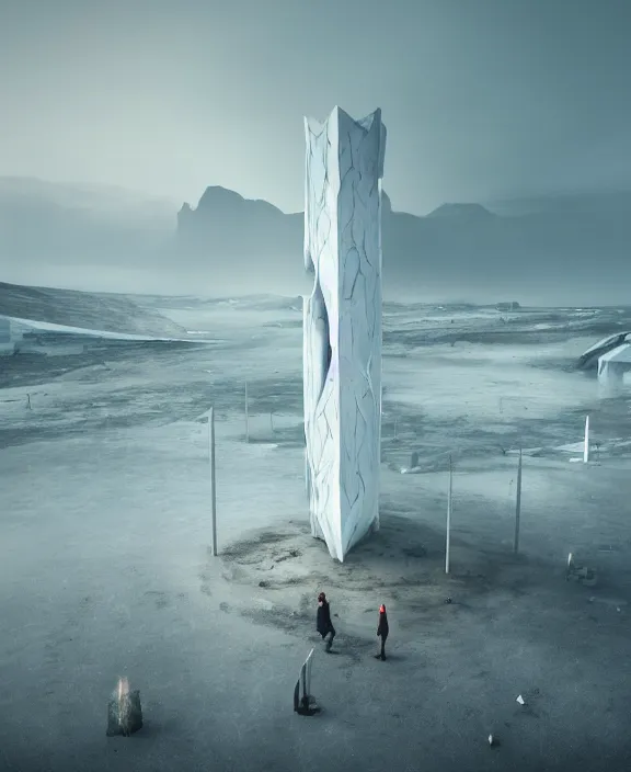 Image similar to surreal covenant deformation tower, futuristic berserk white architecture in the beach in iceland, foggy, highly detailed, digital painting, arstation, concept art, hyperealistic octane render, unreal engine,