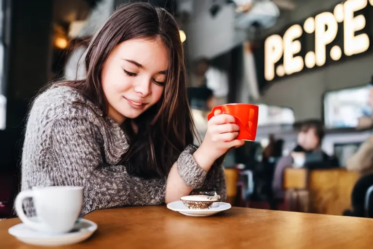 Image similar to girl drinking coffee with pepe the frog in a cafe, studio photo