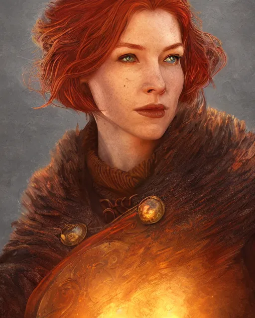 Image similar to the elder scrolls vi, charismatic rugged female redhead breton mage portrait, illustration, rim light, top light, perfectly shaded, golden hour, epic, intricate, soft painting, art by leesha hannigan, ross tran, thierry doizon, kai carpenter, ignacio fernandez rios