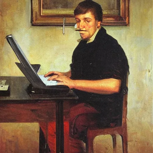 Image similar to alexander zembatov typing source code for radiostation at prima by repin, portrait, oil on canvas