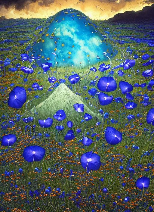 Prompt: detailed, intricate blue black and purple papaverum flower on the field, nebula, galaxy in the sky, winning award masterpiece, fantastically beautiful, illustration, aestheticly inspired, jacek yerka, upscale with anguissola sofonisba work, artstation, 8 k - n 9 - s 1 5 0