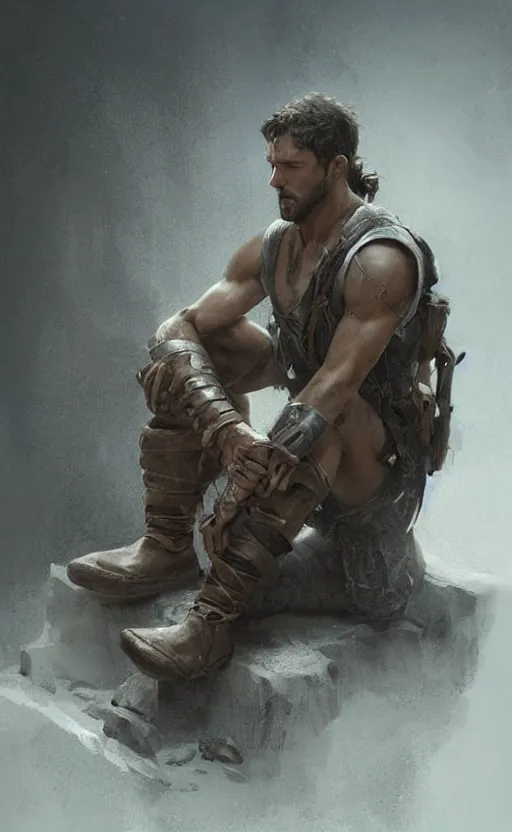 Image similar to Portrait of a rugged ranger sitting down, male, muscular, straight nose!!!, detailed face, handsome face, bare thighs!!!, simple clothing!!!!!, fantasy, medieval, highly detailed, cinematic lighting, digital art painting by greg rutkowski