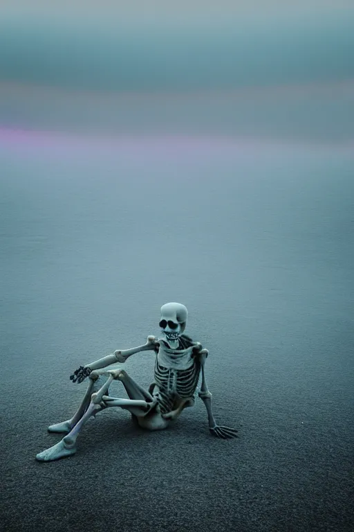 Image similar to high quality pastel coloured film close up wide angle photograph of a skeleton wearing clothing swimming on cloud furniture in a icelandic black rock environment in a partially haze filled dreamstate world. three point light, rainbow. photographic production. art directed. pastel colours. volumetric clouds. pastel gradient overlay. waves glitch artefacts. extreme facial clarity. 8 k. filmic.