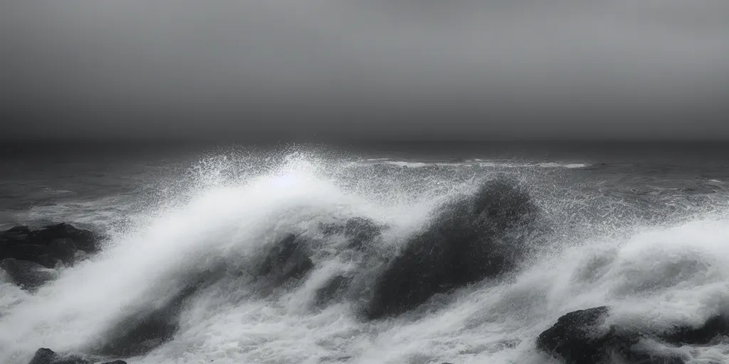 Prompt: monochromatic photograph of a forest, isometric, waves breaking, black sea, white breakwater, multiple exposure, by chris friel