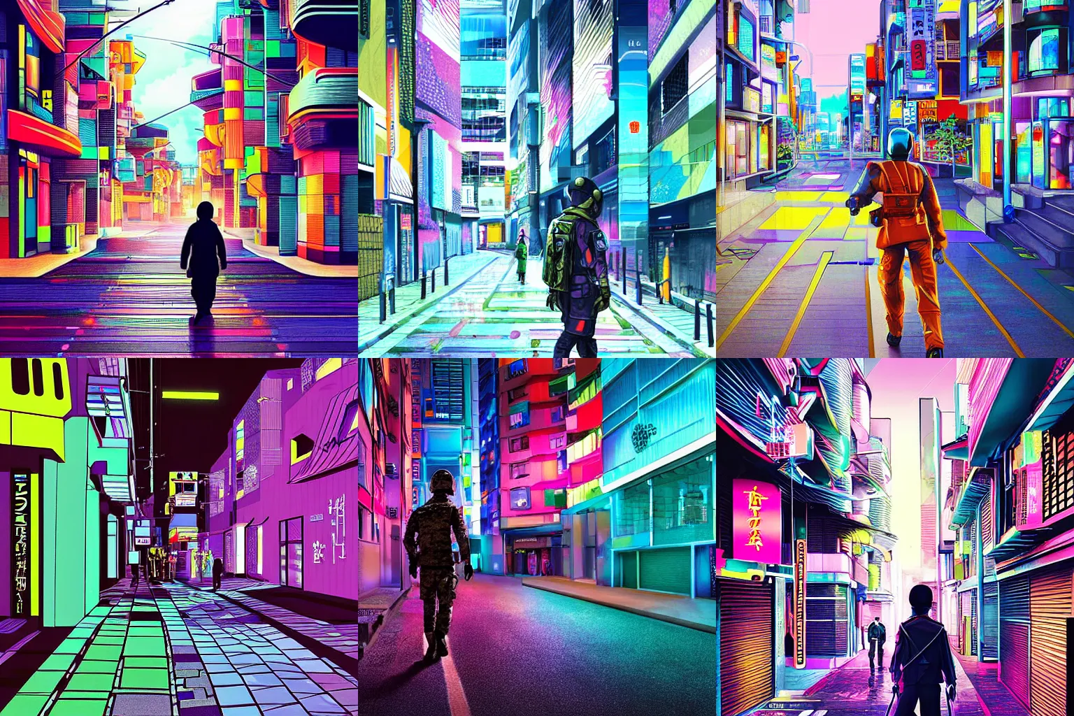 Cyberpunk girl in modern city by the road side with people walking