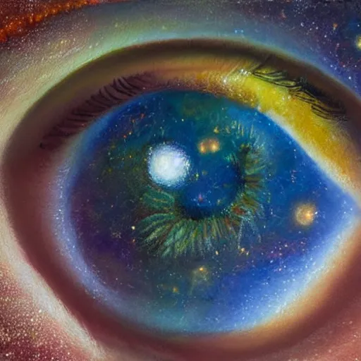 Prompt: a highly detailed photorealistic painting of a human eye reflecting the milky way galaxy