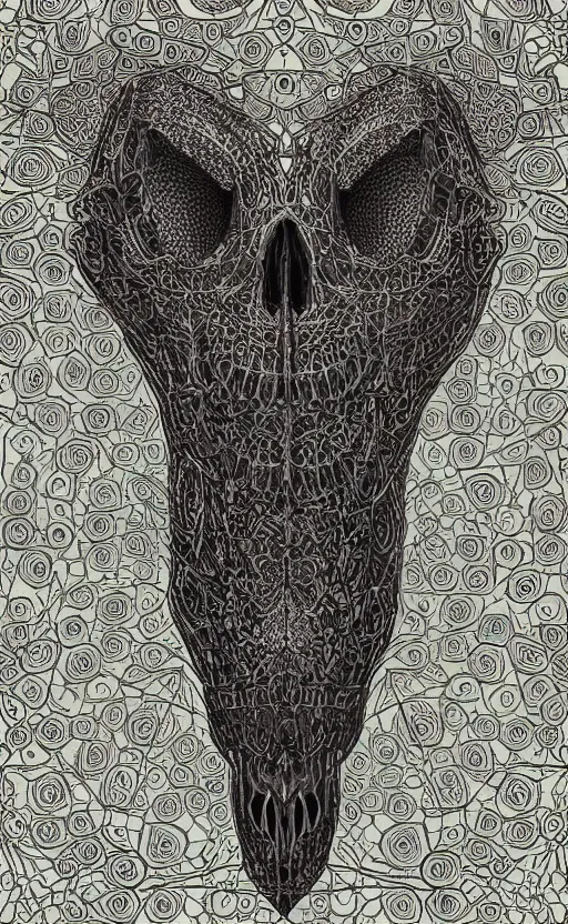 Image similar to intricate skull of a crow, islamic patterns flowing into eachother, voronoi, fibonacci sequence, leaves, by Moebius, hiroshi yoshida, mosque, intricate delicate mathematical patterns, cgsociety, complementary colour scheme, psychedelic, 3d