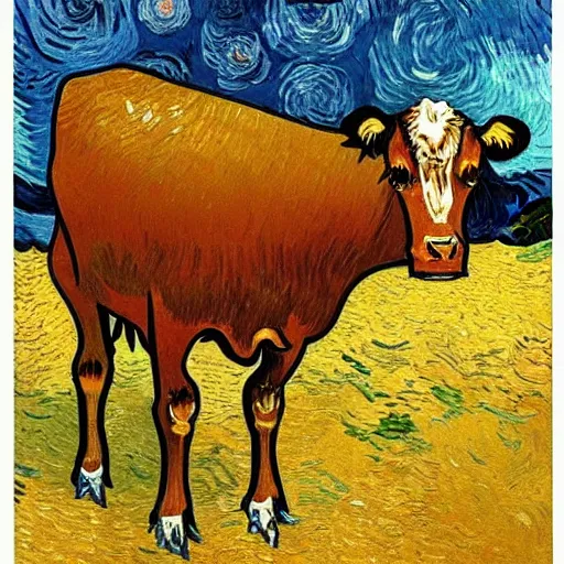 Image similar to a brown cow falling down an endless flight of stairs, van gogh painting