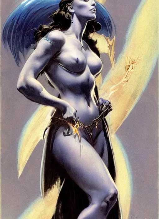 Image similar to mighty plump female sorceress, blue tiara, lightning halo, strong line, muted color, beautiful! coherent! by frank frazetta, by brom