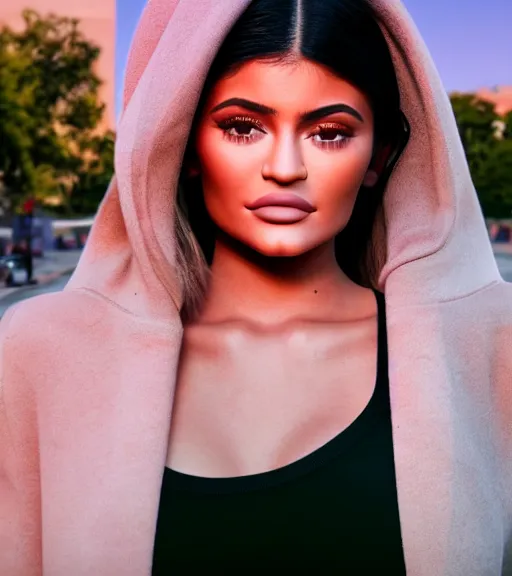Image similar to photography of kylie Jenner, pleading eyes, cute pout, bright sunny time, serene city setting, medium shot, mid-shot, highly detailed, trending on Artstation, Unreal Engine 4k