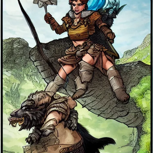 Prompt: D&D art of a female halfling rogue with hairy feet, riding on top of a panther through waterdeep, sunny afternoon, in the style of Storm comics