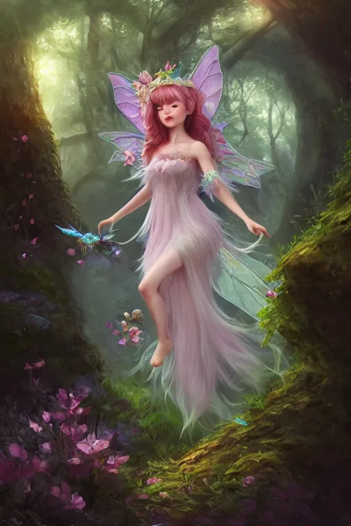 Image similar to a cute and geogerous fairy in the dreamy forest, fantasy, dreamlike, 8 k resolution, hyper detailed, d & d, character design, digital painting, trending on artstation, sharp focus, illustration, art by viktoria gavrilenko, hoang lap, fuji choko, steve zheng,