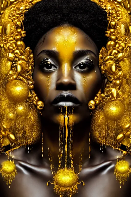 Image similar to hyperrealistic post - dada cinematic very expressive! profile black oshun goddess, in water!! up to shoulders, mirror dripping droplet!, gold flowers, highly detailed face, digital art masterpiece, smooth eric zener cam de leon, dynamic pearlescent turquoise light, low angle uhd 8 k, sharp focus