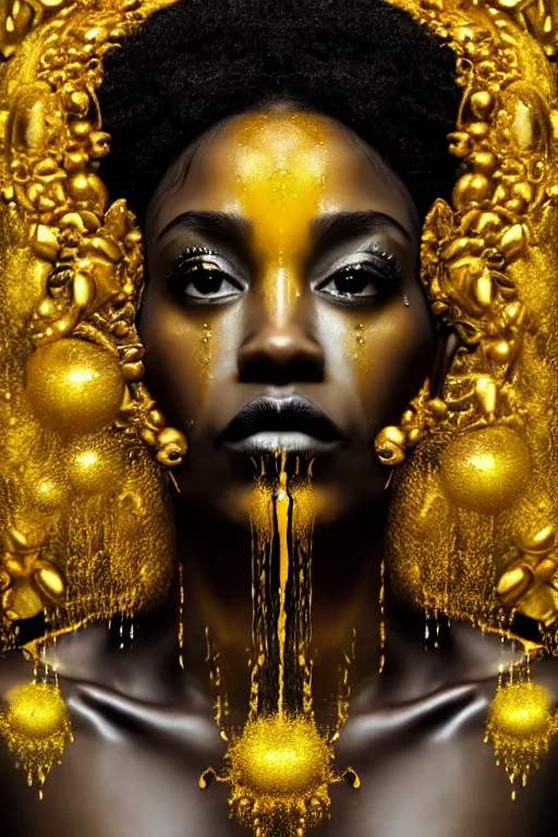 Prompt: hyperrealistic post - dada cinematic very expressive! profile black oshun goddess, in water!! up to shoulders, mirror dripping droplet!, gold flowers, highly detailed face, digital art masterpiece, smooth eric zener cam de leon, dynamic pearlescent turquoise light, low angle uhd 8 k, sharp focus