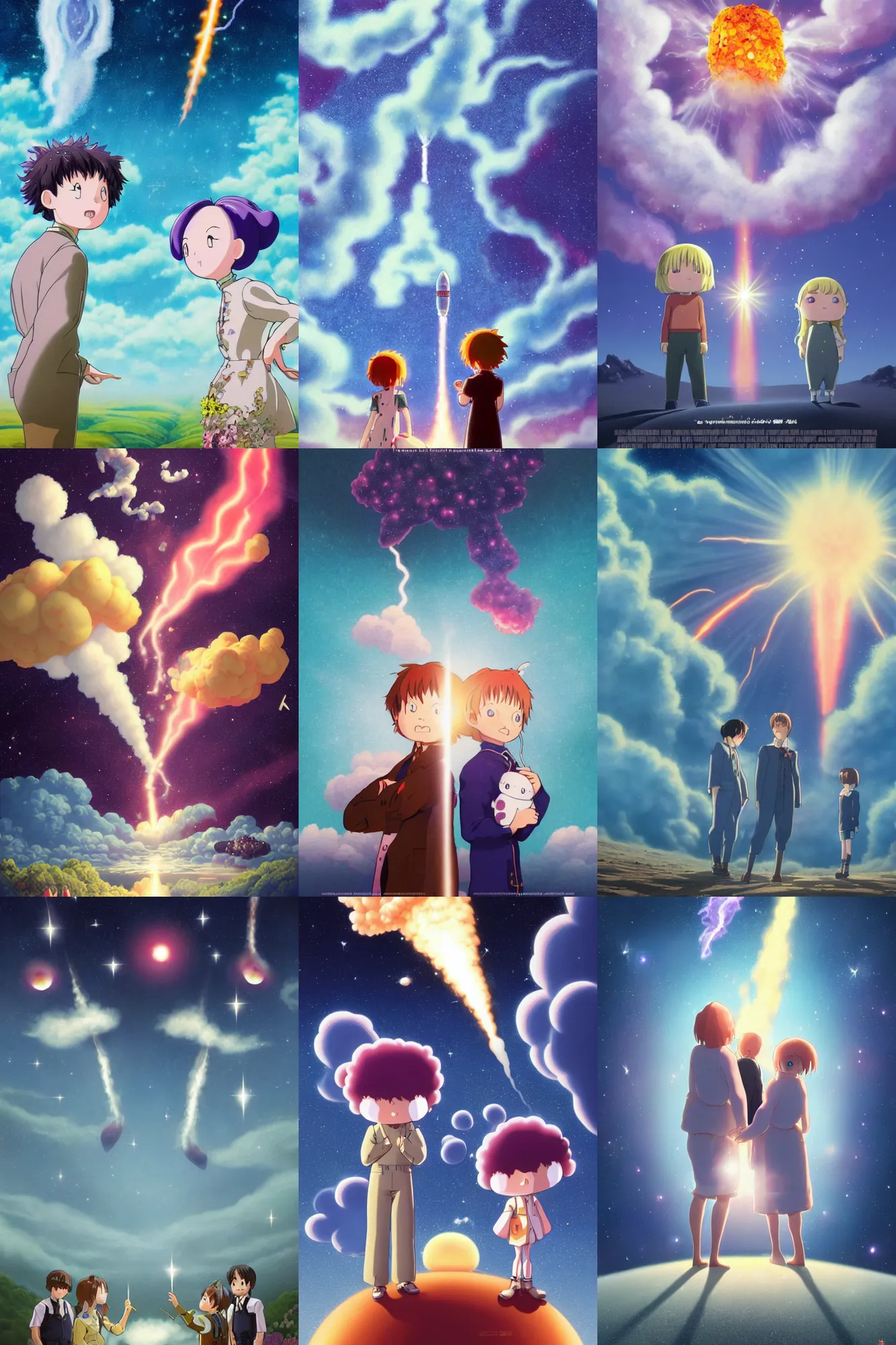 Prompt: a meteorite blazing falls to earth rocket launch with plums of steam and smoke solving epic mysteries, Klaus Movie Twins poster, artwork by Chiho Aoshima, a Rendering illustration of a cinematic beautiful closeup moment of three friends standing facing toward their love, full of details, full view, Matte painting, trending on artstation, Mamoru hosoda