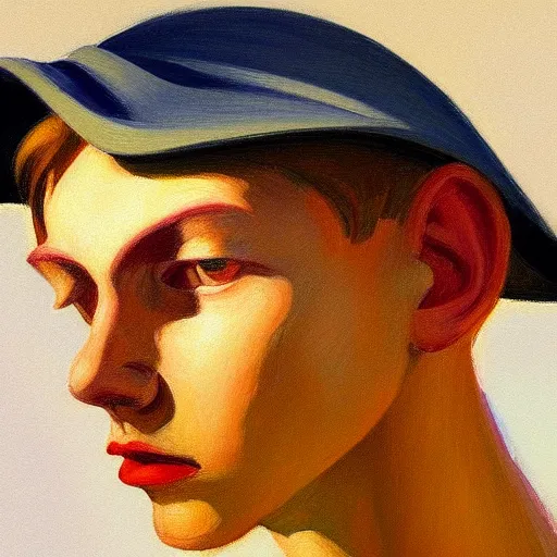 Prompt: A beautiful close-up of a young man, digital art by Edward Hopper, vibrant color scheme, highly detailed, in the style of romanticism, fine Art, high detail, great lighting, 8k resolution, masterpiece, concept art, illustration, clear eyes, soft lighting, soft details, painting oil on canvas, octane render, HDR, trending on artstation, 4k, 8k, HD