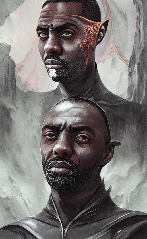 Prompt: a dream full body portrait idris elba with pointy elf ears wearing a gothic cloak, face forward, melting, 8 k, by tristan eaton, stanley artgerm, tom bagshaw, greg rutkowski, carne griffiths, ayami kojima, beksinski, giger, trending on deviantart, face enhance, hyper detailed, minimalist, horror - n