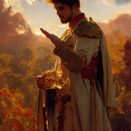 Image similar to attractive fully clothed king confesses his love for his attractive fully clothed male prince. highly detailed painting by gaston bussiere, craig mullins, j. c. leyendecker 8 k