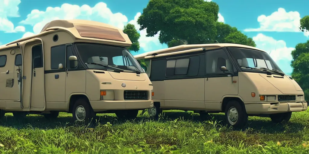 Image similar to a wholesome animation key shot of one!! focused!! 1 9 9 4 fiat hymer!! motorhome in the! romanian! countryside, medium shot, studio ghibli, ( pixar ) and disney animation, sharp, very detailed, high resolution, rendered in unreal engine 5, anime key art by greg rutkowski, bloom, dramatic lighting