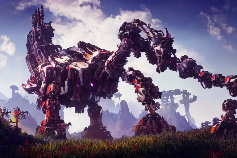 Image similar to behemoth machine mecha animal beast robot of horizon forbidden west horizon zero dawn bioluminiscence global illumination ray tracing hdr fanart arstation by sung choi and eric pfeiffer and gabriel garza and casper konefal