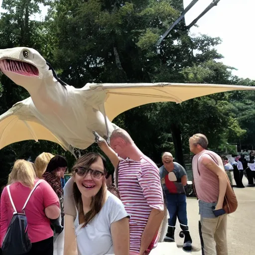 Image similar to pterodactyl hanging out with people,