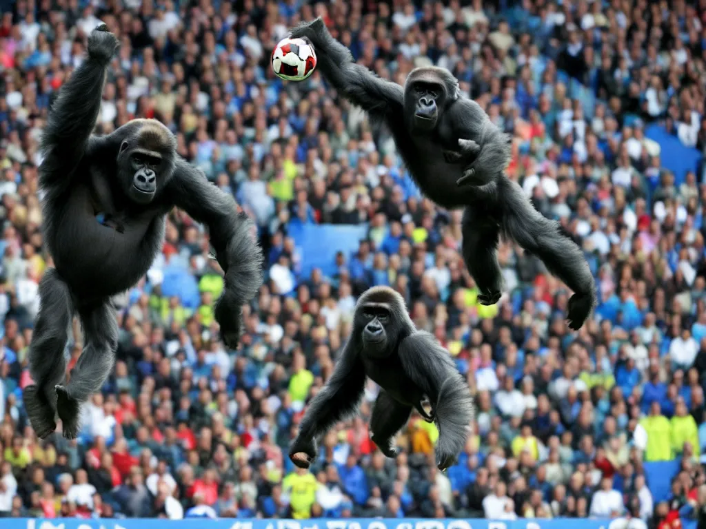 Image similar to a gorilla jumping to head the ball on a corner kick, vivid