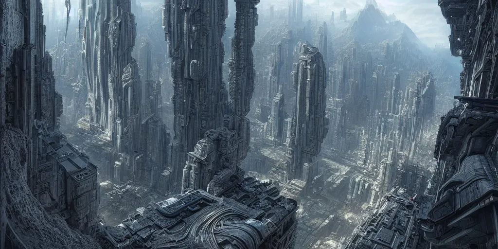 Image similar to ultra detailed, futuristic cityscape carved into mountain wall, cyberpunk, fantasy, intricate details, professional digital painting, photorealistic, surreal, artstation, concept art, smooth, sharp focus, atmospheric, hyperdetailed, Unreal Engine 5, cinema 4D, zbrush, octane render, Photorealism, 8k, cinematic, art by h.r. giger and artgerm and greg rutkowski and alphonse mucha and loish and WLOP