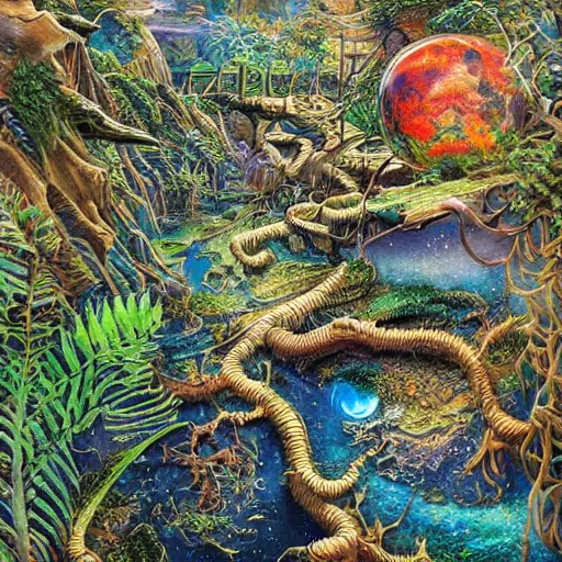 Image similar to insanely detailed, intricate ink illustration, prismatic holographic ink beautiful planet the journey darren arnofsky Kent williams junglepunk landscape oil painting