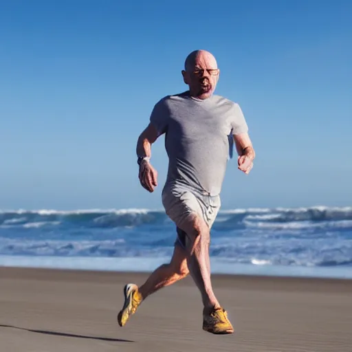 Image similar to Walter White running on the beach, artistic, 8k, cinematic, accurate, symetric, face, dramatic lighting, pastel colours