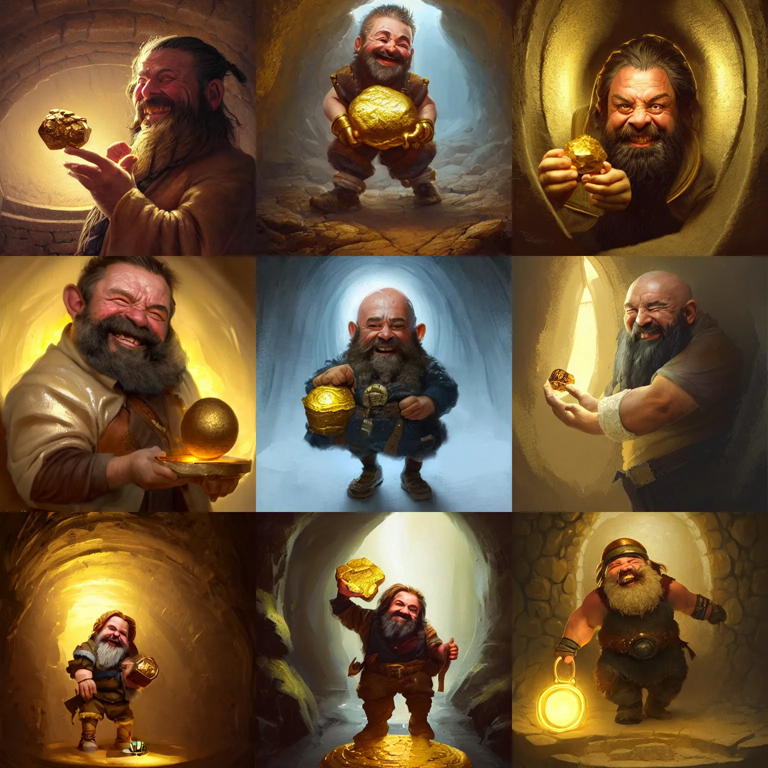 Prompt: Highly detailed portrait of a happy dwarf holding the giant gold nugget, highly detailed, digital painting, perfect face, sharp focus, concept art by Greg Rutkowski, moody lighting, light coming from tunnel entrance, intricate details, ray tracing
