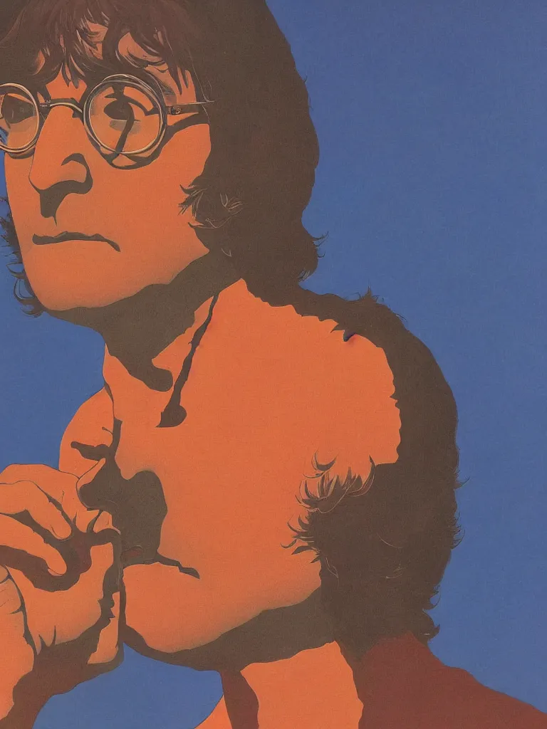 Prompt: a closeup portrait of john lennon, taking mind altering drugs, a blotter paper of lsd acid and dreaming psychedelic hallucinations in a vast landscape, by kawase hasui, moebius, edward hopper, colorful flat surreal design, dramatic lighting, hd, 8 k, artstation