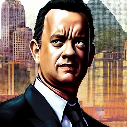 Image similar to tom hanks, gta v cover art, art by stephen bliss, matte painting, sharp focus